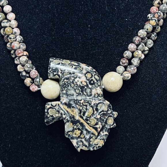 Natural Jasper Stone Carved Elephant Necklace 30” (5572) - Picture 2 of 7